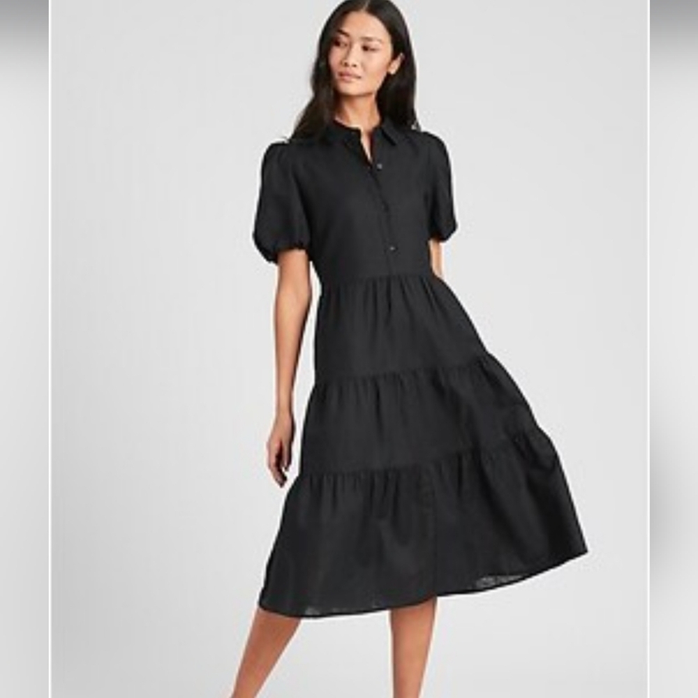 #42 Linen-Blend Shirt Dress Elegant Black Puff Sleeve Dress Size XS